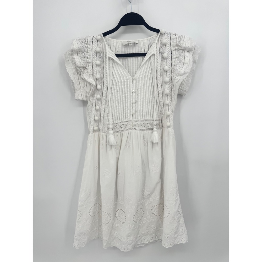 Sea New York Mini Dress Women 2 White Eyelet Lace Pom Pom Tassel Boho